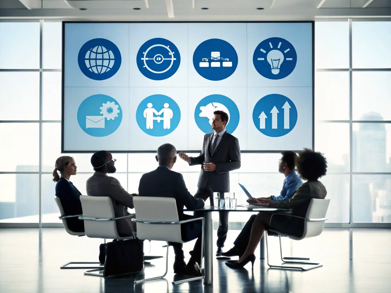 A professional business coach in a suit, leading a strategic planning session with a diverse team in a modern office setting, emphasizing collaboration and innovation.